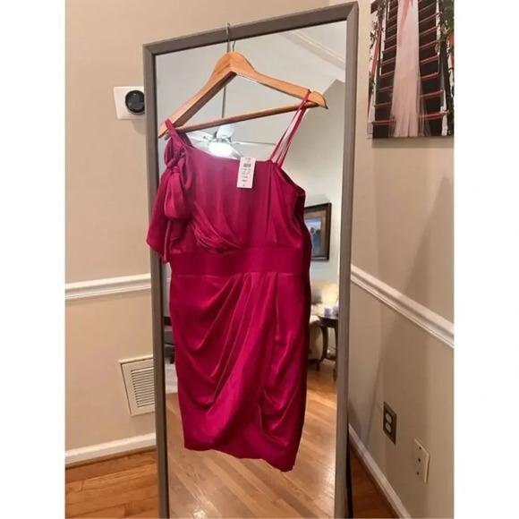 Cache Fuchsia One Shoulder Satin Cocktail Dress Size 10 Bow  Ruched Party Formal - Picture 2 of 5